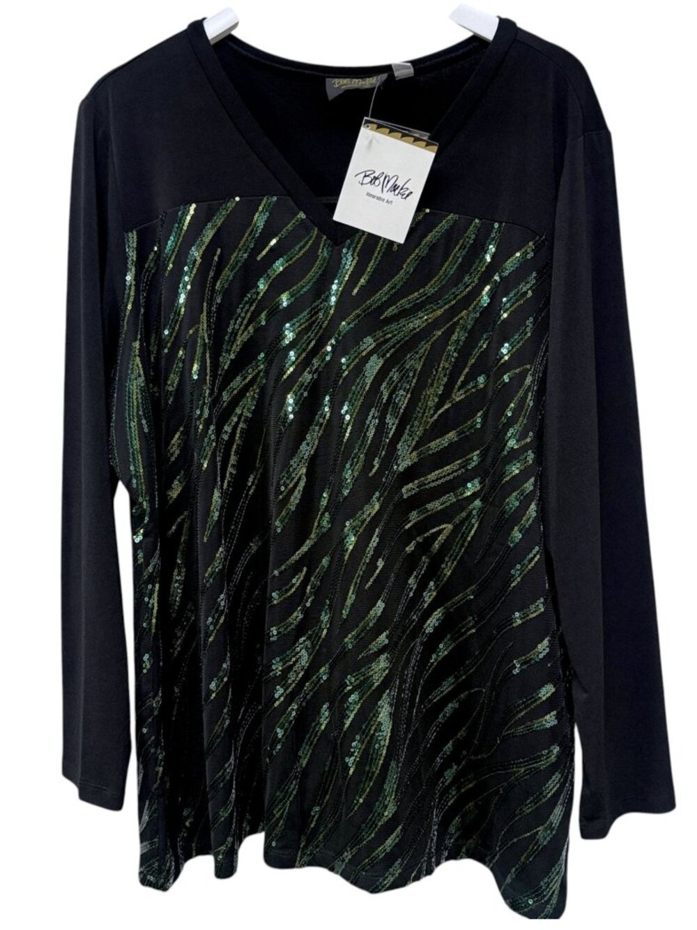 BOB MACKIE Sequin Top Plus Size 2X Black Green Evening Stretch Sparkle NWT